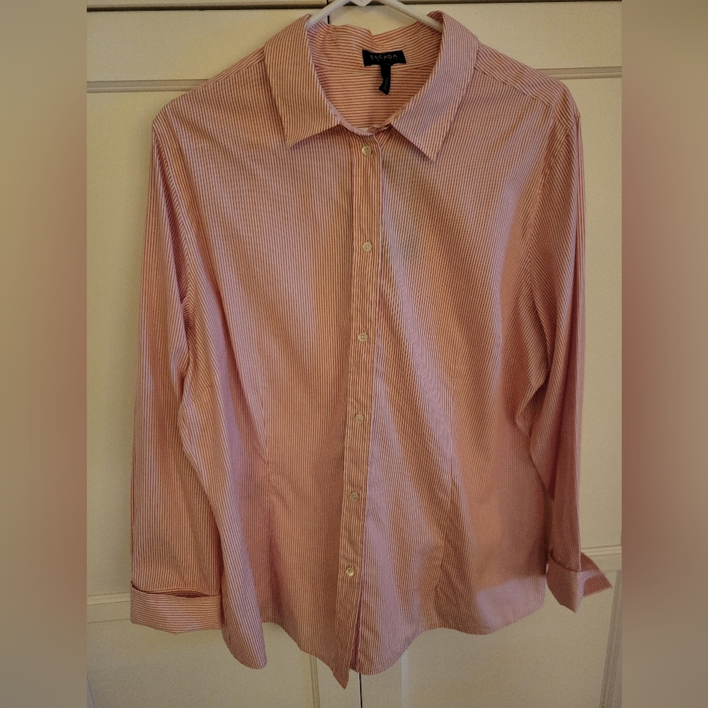 Escada Women's Pink and White Striped Button Down Blouse, size 12